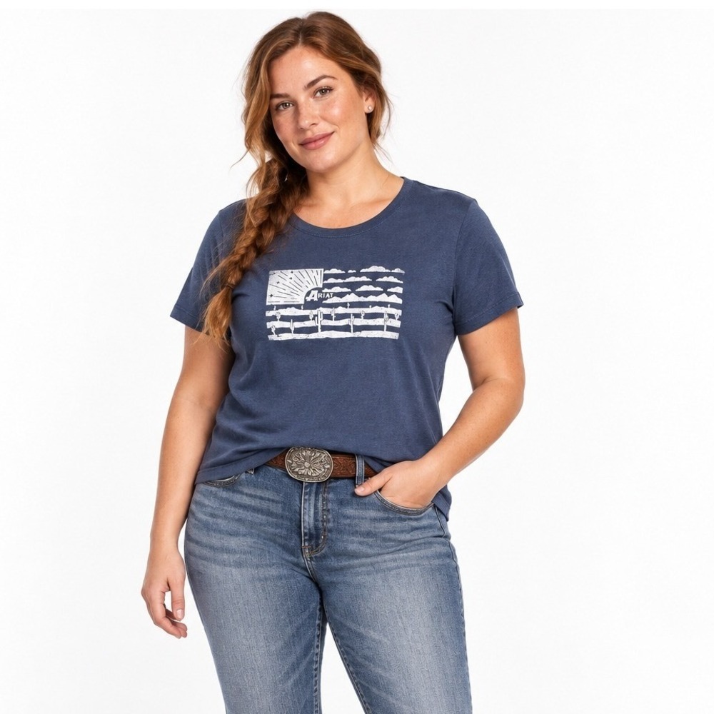 Ariat Buckle Graphic T Shirt Womens XL Blue Western USA Flag Cactus Cowgirl